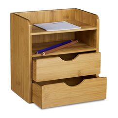 Relaxdays Schreibtisch-Organizer, 2 Ablagen, 2 Schubladen, HBT: 21 x 20 x 13cm, Briefablage f&uuml;rs B&uuml;ro, Bambus, natur