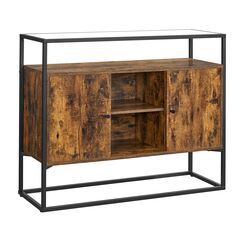 VASAGLE Sideboard, Beistellschrank, K&uuml;chenschrank, offene F&auml;cher, 100 x 35 x 80 cm, Stahlgestell, Hartglas, vintagebraun-schwarz LSC014B01