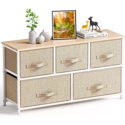 Pipishell Kommode Schmal Schrank mit 5 Schubladen aus Stoff, praktische Aufbewahrungskommode, Ordnungsm&ouml;bel f&uuml;r Schlafzimmer, Kinderzimmer, Wohnungseingang, Flur, Beige