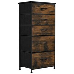 YITAHOME Kommode, 5 Stoffschubladen mit Griffen, Aufbewahrungsschrank, Schubladenschrank, Schrank, Metallgestell, stoffkommode f&uuml;r Schlafzimmer, f&uuml;r Wohnzimmer, Flur, B&uuml;ro, rustikal braun