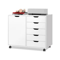 DEVAISE Kommode aus Holz mit 5 Schubladen und T&uuml;r, mobiler Aufbewahrungsschrank, Druckerst&auml;nder f&uuml;r Home Office