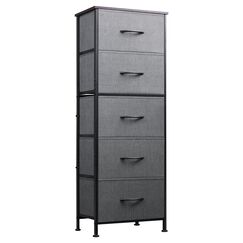 WLIVE Kommode aus Stoff, 5 Schubladen, hohe Kommode f&uuml;r Schlafzimmer, Aufbewahrungskommode mit Stoffbeh&auml;ltern, Holzplatte, stabiler Stahlrahmen, Kommode f&uuml;r Schrank, Flur, Dunkelgrau