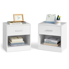 VASAGLE Nachttisch, 2er Set, Beistelltisch, mit Schublade, Griff, offenes Fach, Couchtisch, f&uuml;r Schlafzimmer, Wohnzimmer, klassikwei&szlig; LET819T14