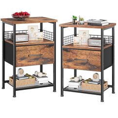 LAKEMID Nachtschrank 2er Set,Nachttisch mit Schubladen,Nachtkommode f&uuml;r Schlafzimmer,Schlichter Beistelltisch,Vintage Braun