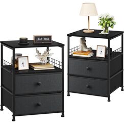 EnHomee Nachttisch 2er Set, Nachttisch mit Stoffschubladen und offenem Holzregal Aufbewahrung, Bett-Beistelltisch mit Metallrahmen, Schwarz/Grau, 15.7 in x 17.7 in x 24 in