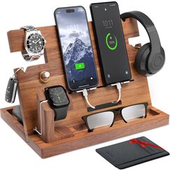 Eterluck Holz-Dockingstation f&uuml;r Herren, Nachttisch-Organizer-Set mit RFID-blockierender Leder-Geldb&ouml;rse, Ladestation, Handy-St&auml;nder, Tablet-St&auml;nder, Ehemann-Geschenke von der Frau, f&uuml;r Papa &ndash; Walnuss