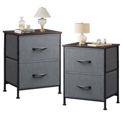 WLIVE Nachttisch 2er Set, 2 Schubladen, Kommode f&uuml;r Schlafzimmer, kleine Kommode mit 2 Schubladen, Nachttisch, Beistelltisch mit Stoffbeh&auml;ltern f&uuml;r Schlafzimmer, Schrank, Studentenwohnheim, Dunkelgrau