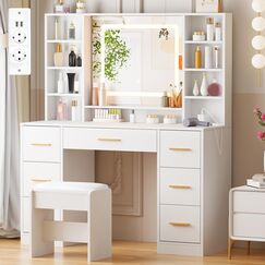 ANWBROAD Gro&szlig;e Schminktisch mit LED-Beleuchtung und Steckdosen Moderner Wei&szlig; Kosmetiktisch mit Spiegel und Hocker 7 Schubladen und 4 Ablagen Frisiertisch 140&times;100&times;40cm BDT65W