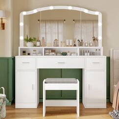FIONESO Gro&szlig;er Schminktisch mit Spiegel und Beleuchtung, Kosmetiktisch mit 3 Schubladen, 2 Schr&auml;nken und 10 LED-Lampen, Schminktisch mit Hocker f&uuml;r Frauen, Schlafzimmer, Badezimmer, Wei&szlig;