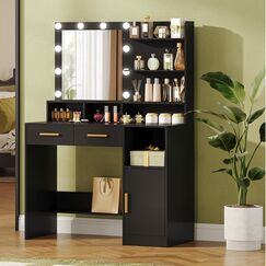 Hzuaneri Schminktisch mit Spiegel und 10 LED-Beleuchtung, Einstellbare Helligkeit, Schminkkommode mit 2 Schublade & 1 Schrank, 3 Ablagen & 4 offenen F&auml;chern, Schwarz DT32506X