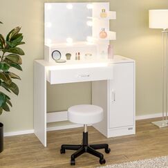 Casaria&reg; Schminktisch mit Spiegel und Hocker inkl. LED Beleuchtung Schrank Schublade Regale Kosmetiktisch Make-up Fernbedienung 90x40cm Holz Wei&szlig;