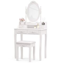 Alohappy Schminktisch mit Spiegel & Hocker f&uuml;r M&auml;dchen, Schminktisch und gepolsterter Hocker Set mit 4 Schubladen, Holz Schminktisch f&uuml;r Schlafzimmer