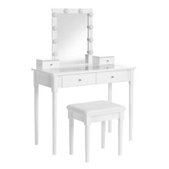 VASAGLE Schminktisch, Frisiertisch-Set, gepolsterter Hocker und 10 dimmbare Gl&uuml;hbirnen, 2 gro&szlig;e und 2 kleine Schubladen, transparente Tischplatte aus Hartglas, Geschenkidee, wei&szlig; RDT172W01