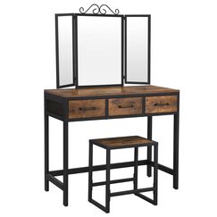 VASAGLE Schminktisch, Frisiertisch, Kosmetiktisch mit 3-teiligem Klappspiegel und 3 Schubladen, Stahlgestell, mit Hocker, Industrie-Design, vintagebraun-schwarz RVT02BX