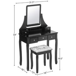 BEWISHOME Schminktisch-Set mit Spiegel und gepolstertem Hocker, 5 Schubladen, 2 bewegliche Trennw&auml;nde, Schwarz, FST01H