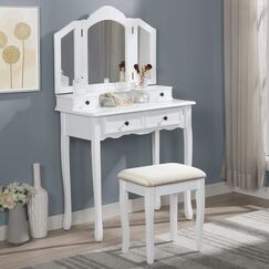 Roundhill Furniture Sanlo Schminktisch und Hocker aus Holz, Wei&szlig;