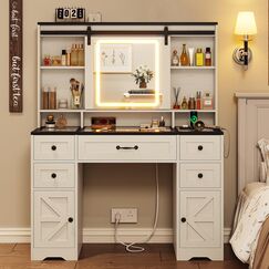 BTHFST Farmhouse Schminktisch mit Schiebespiegel und Lichtern, gro&szlig;er Schminktisch mit Glasplatte & Ladestation, Schminktisch mit 5 Schubladen & Regalen & Schr&auml;nken, Antikwei&szlig;