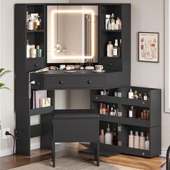 BTHFST Eck-Schminktisch mit beleuchtetem Spiegel, Schminktisch mit Lichtern und Ladestation, Schminktisch mit Spiegel und Aufbewahrungshocker, Schminktisch mit Schubladen, drehbare Regale, Schwarz