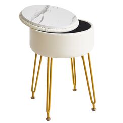 IBUYKE Faux Leder Runde Fu&szlig;lehne Hocker mit Lagerung Ottoman, Make-up Eitelkeit Stuhl Seitentisch, PU Umkleidetisch Sitz, abnehmbare Abdeckung, goldene Stahlbeine, wei&szlig; WBD024W