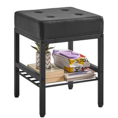 IBUYKE Quadratischer Make-up-Hocker mit justierbaren F&uuml;&szlig;en und Stauraum, Fu&szlig;st&uuml;tzenstuhl, PU-Sitz Eitelkeitshocker, Multi-Use als Kleiner Beistelltisch oder Ottoman, f&uuml;r Schlafzimmer, Schwarz L/G-60B