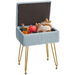 YMYNY Schminkhocker Stuhl mit Stauraum, quadratischer Hocker aus Samt, moderner multifunktionaler Make-up-Hocker f&uuml;r Schlafzimmer, Wohnzimmer, B&uuml;ro, goldene Beine, 40 x 29.5 x 48 cm, Graublau HBD024G