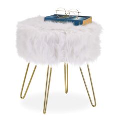 Relaxdays Fellhocker, Kunstfell, Metallgestell, rund, flauschig, eleganter Schminktischhocker, HxD 40 x 38 cm, wei&szlig;/Gold