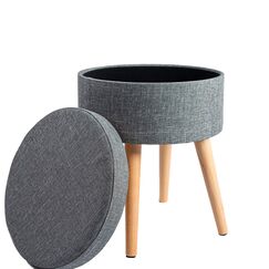 Theo&Cleo Hocker mit Stauraum,Sitzhocker Holzbeine,Runder Hoher Schemel,Aufbewahrung Schlafzimmer mit Deckel,Schminktisch Stuhl,Fu&szlig;hocker f&uuml;r Wohnzimmer,Soft Sitzkissen aus Linen,36cm*36cm*45cm Grau