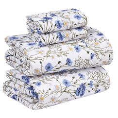 RUVANTI Bettlaken aus 100% Baumwoll-Perkal f&uuml;r King-Size-Betten, 40,6 cm Tiefe Tasche, perfekte Passform, knusprig, k&uuml;hl und bequem, blaues Blumenmuster (1 Flachbett, 1 Spannbettlaken und 2