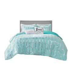 Intelligent Design Raina King Bettdecken-Set, weiche Mikrofaser, modernes geometrisches Metallic-Bett-Set, 5-teilig, mit 2 Kissenbez&uuml;gen, 2 Wurfkissen, Aqua