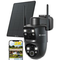COCOCAM 2K Dual Objektiv &Uuml;berwachungskamera Aussen WLAN Solar, 10000mAh Akku, 6W Solarpanel, Duale PIR und KI-Personenerkennung, Farb-Nachtsicht, 355&deg;P 90&deg; T, IP66, 2.4GHz WLAN