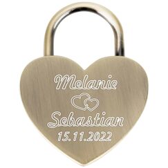 Liebesschloss Herzschloss Vorh&auml;ngeschloss Graviert mit Wunschtext - Jetzt Liebesschloss selbst gestalten! (Antik Gold)