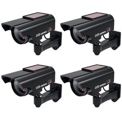 BASI | 4er Set Solar Kamera-Attrappe mit blinkendem LED-Licht | Dummy Kamera | Sicherheitskamera | &Uuml;berwachungskamera f&uuml;r Innen- und Au&szlig;enbereich solarbetrieben | Wandhalterung | Solar Panel | CCTV