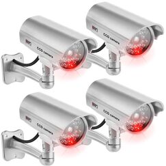 4 St&uuml;ck Kamera Attrappe, &Uuml;berwachungskamera Attrappe mit Rot Blinkender LED, Wandhalterung Dummy Kamera, Fake Kamera, Kamera Atrappe Au&szlig;en f&uuml;r Wand Decke im Innen und Au&szlig;enbereich, Silber