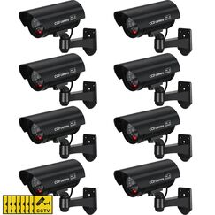 Macarrie 8 St&uuml;ck gef&auml;lschte Kamera, realistische Attrappe, Sicherheitskamera, Kunststoff, gef&auml;lschte Video-CCTV-&Uuml;berwachungssystem mit Bewegungs-LED-Licht f&uuml;r Zuhause, Au&szlig;en, Innenbereich, keine