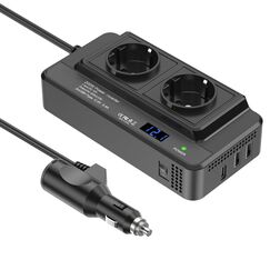 200 W Auto-Spannungswandler, Wechselrichter, DC 12 V auf AC 230 V, mit 2 Steckdosen und 3 USB-Anschlüssen, Schnelllade-Autoladegerät mit Zigarettenanzünderstecker für Geschäftsreisen und Urlaub