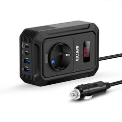 BESTEK 200W Spannungswandler 12 V auf 240 V 230 V AC Auto-Wechselrichter,3-pin Steckdosen,2PD 30W und 2 QC18W Anschlüsse Anschlüssen Zigarettenanzünderstecker,von Laptops, iPhones,und mehr,Schwarz