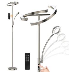 ANTENLICHT Stehlampe Dimmbar LED KAKA- | Silber-Stehleuchte 20W mit flexibler 7W Leselampe | Modern deckenfluter mit fernbedienung mit 4 Farbtemperatur für Wohnzimmer, Schlafzimmer, Büro, Hotel