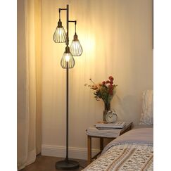 EDISHINE Stehlampe Wohnzimmer, 3-flammige Stehleuchte Dimmbar mit E27 LED-Glühbirnen, Käfig Lampenschirm aus Metall, 2700K warmweiß, Industrial Standleuchte für Schlafzimmer und Büro, 166 cm, Schwarz