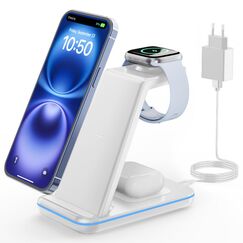 GEEKERA Wireless Charger, 3 in 1 Induktive Ladestation für iPhone Air/17/16/15/14/13/12/11/Pro Max, Ladestation für Apple Watch Ultra 3-1/11-2/SE, Kabelloses Ladegerät für AirPods Pro 3-2/4-2, Weiß