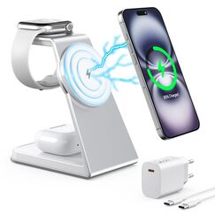 Mag-Safe Ladestation 3 IN 1, Ladegerät kompatibel mit App1e Watch und iPh0ne, Induktive Ladestation auch geeignet für Airp0ds Pro 3 2, Kabelloses Ladegerät für iPh0ne 16 15 14 13 12 Serie(Silber)