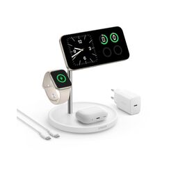 Anker MagGo 3-in-1 Kabellose Ladestation, 15W kabelloser Ladeständer, MagSafe-kompatibel, Qi2-zertifiziert, für iPhone 16/15/14/13 Serie, AirPods Pro, Apple Watch Ultra (Mit USB-C Netzteil und Kabel)