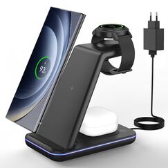 JoyGeek 3 in 1 Induktive Ladestation für Samsung, Wireless Charger für Samsung S26/S25/S24/S23/ZFlip/Fold, Induktionsladegerät für Galaxy Watch Ultra/8-4, Kabelloses Ladegerät für Galaxy Buds-Schwarz