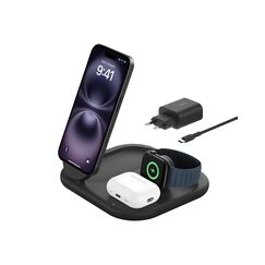 Belkin BoostCharge Ladegerät induktive 3-in-1 Ladestation Qi2, 15 W, klappbar MagSafe-kompatibles Ständer für Apple iPhone 17, Air, Pixelsnap, Apple Watch, AirPods, mit Netzteil – Schwarz