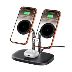 SwanScout Induktive Ladestation für iPhone 17/17e/Air, SwanScout 706M, Mag-Safe Doppel Ladestation Kompatibel für iPhone 16/15/14/13/12 Serie, für Airpods Pro 3/2, Kabelloses Ladegerät für 2 Handys