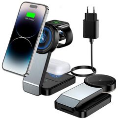 3 in 1 Faltbar Ladegerät, Induktive Kabelloses Ladestation für iPhone 16/15/14/13/12/Plus/Pro Max/Mini,Wireless Charger für Apple Watch 9/8/7/6/SE/5/4/3/2, AirPods Pro/2/3 (mit Adapter)