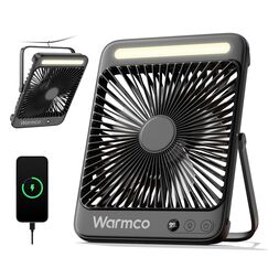 Warmco 20000mAh Akku Camping Ventilator 27cm mit Lampe, 15-48 Std. Laufzeit, Ultra-Leise, Ultraflach, Display, Haken, USB Tischventilator f&uuml;r Zelt, Outdoor, Reisen, B&uuml;ro, Wohnmobil, Schlafzimmer