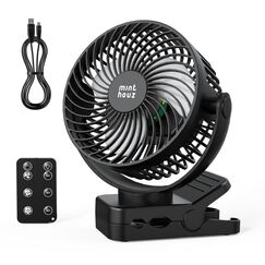 Minthouz USB Tischventilator leise mit 12000mAh Ventilator Akku &ndash; Tragbarer Clip-Ventilator mit Fernbedienung, Licht, Timer, 360&deg; drehbar, 3 Stufen, 45 Std. Laufzeit &ndash; f&uuml;r Camping, B&uuml;ro, Kinderwagen