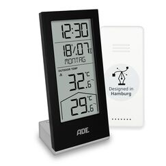 ADE Funkuhr digital mit Temperaturanzeige und Au&szlig;ensensor | Thermometer f&uuml;r Innen- und Au&szlig;entemperatur | Trendanzeige | Tischuhr mit Datum und Wochentag | inkl. Batterien | schwarz