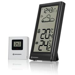 Bresser Wetterstation Funk mit Au&szlig;ensensor Meteo Temp, Thermometer mit Temperaturanzeige f&uuml;r Innen- und Au&szlig;en, Wettervorhersage, mit ausklappbarem Standfu&szlig; und Wandhalterung, schwarz, 8.2x2x15.7 cm