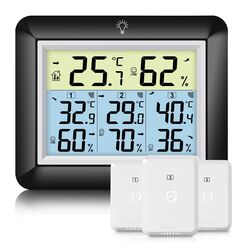 Urageuxy Funk Thermometer mit 3 Au&szlig;ensensoren - Wetterstation mit 100m Reichweite, Digital Hygrometer Thermometer mit Gro&szlig;em LCD-Display, MIN/MAX-Aufzeichnung, Einfache Bedienung (Schwarz)